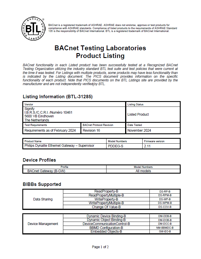 BACnet Testing Laboratories Product Listing