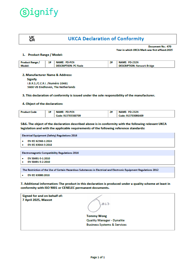PD-PCN PD-232N UKCA Declaration of Conformity